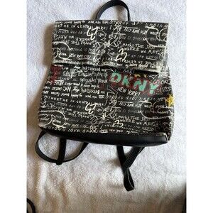 DKNY Tilly Graffiti Fold Over Backpack Tote Purse Black-Multi Color